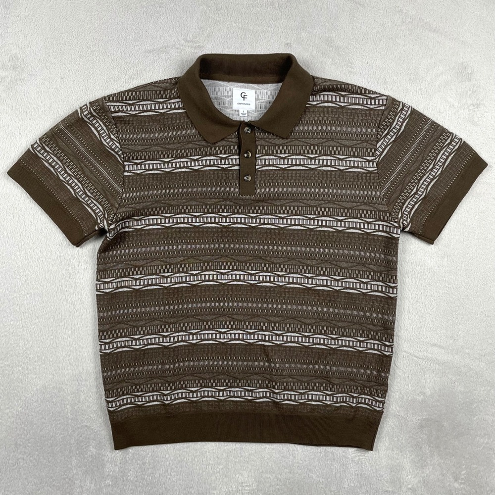 Knitted Polo Shirt Mens Large Blow 3D Knit Fair Isle Sweater Short Sleeve Retro